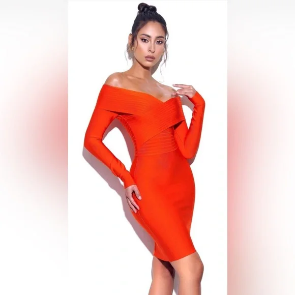 Sierra orange off shoulder long sleeve mini bandage dress - Picture 2 of 5